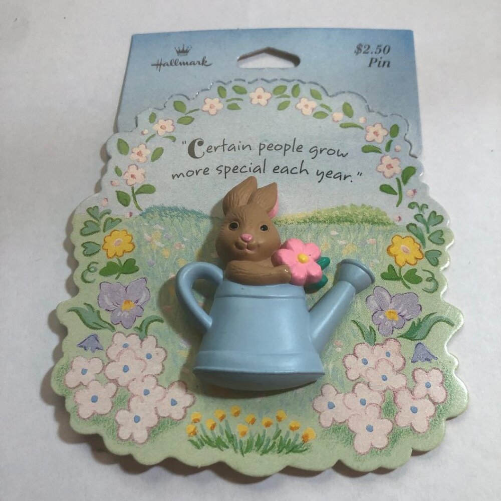 New Vintage Hallmark Easter Lapel Pin Bunny Rabbit Flower Watering Can Brooch